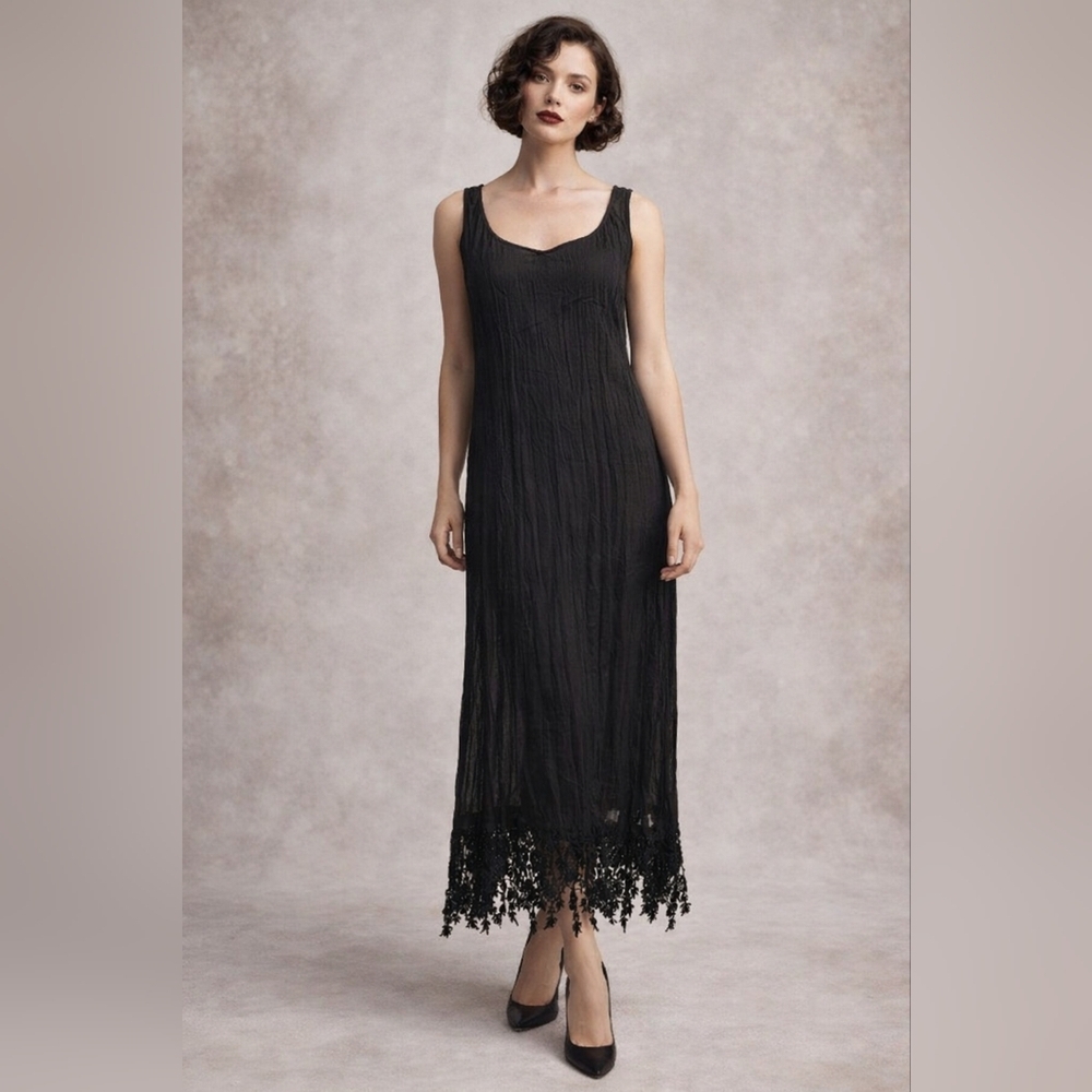 VTG Alexander Brown sheer crinkle slip maxi trimmed in lace one size #741